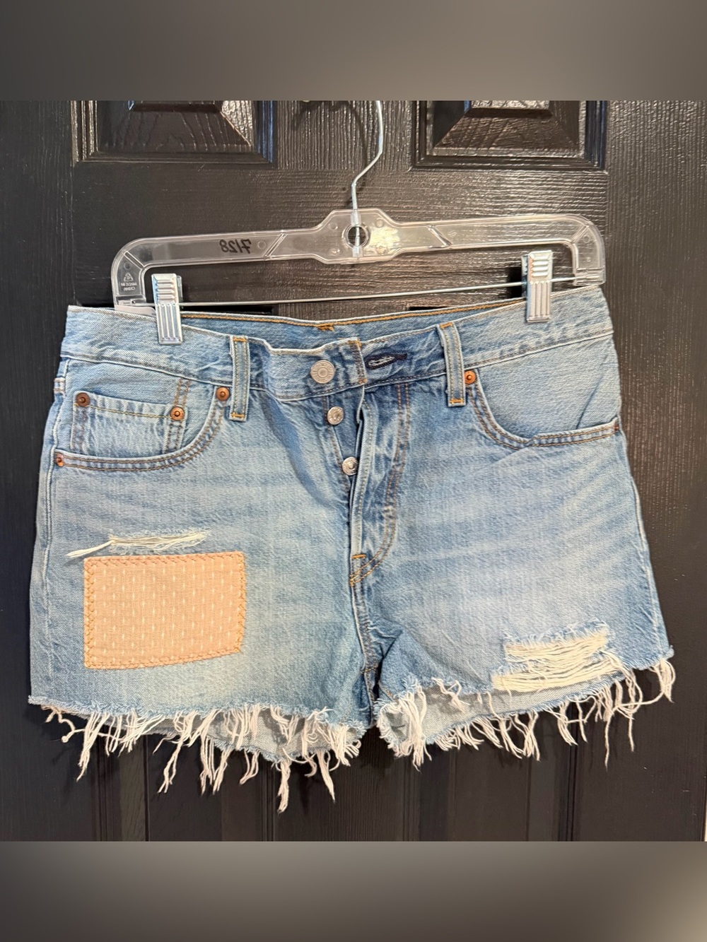 Levi's 501 Light Blue Distressed Denim Cutoff Shorts with Patch
